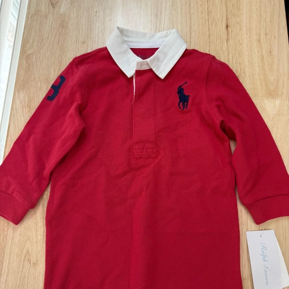 Ralph Lauren Polo Coverall Infant Romper Boys 12M Red‎ Long Sleeve Logo Nautical